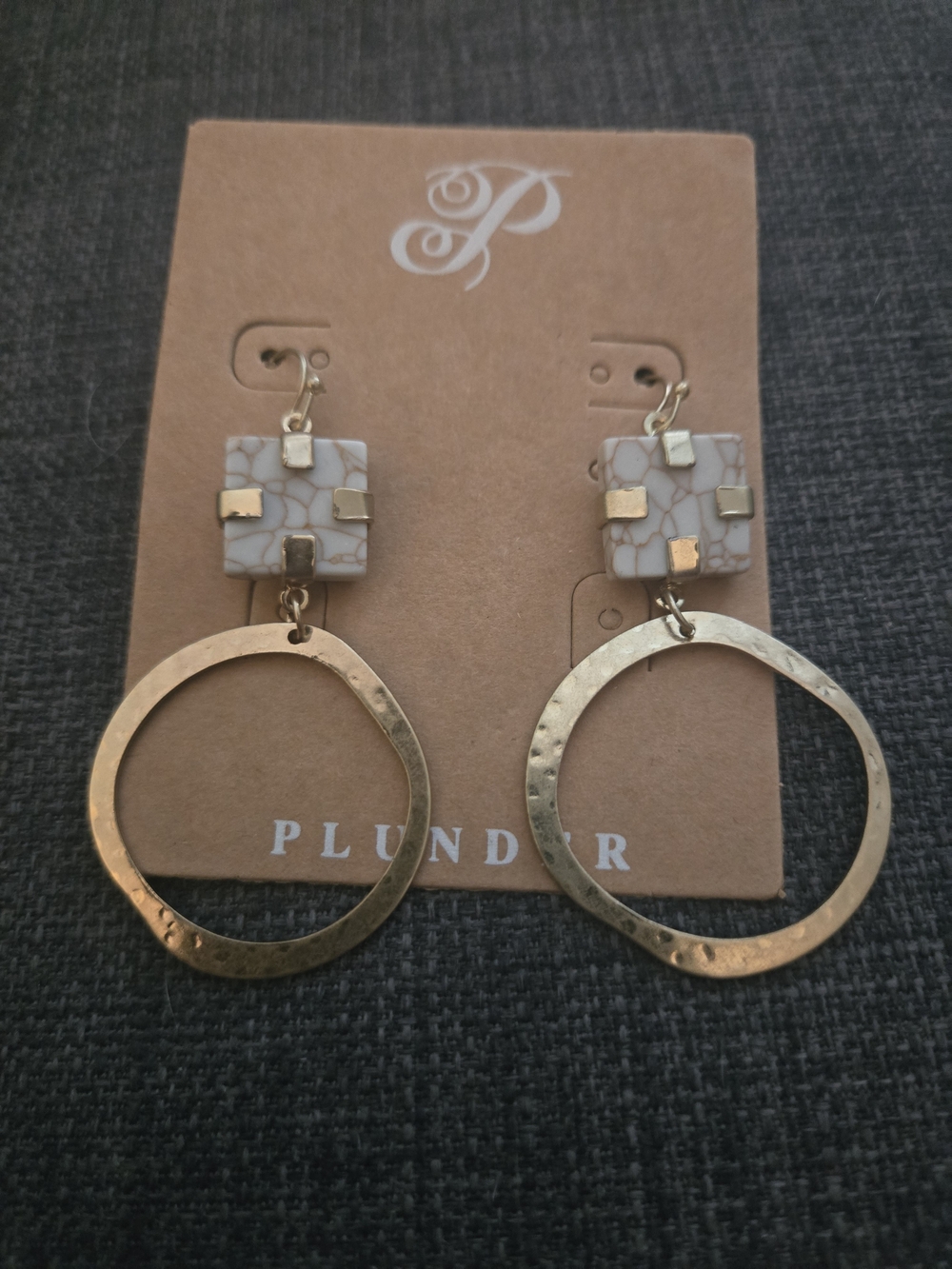 Plunder Gold-Tone Earrings with Cream Mosaic Squares